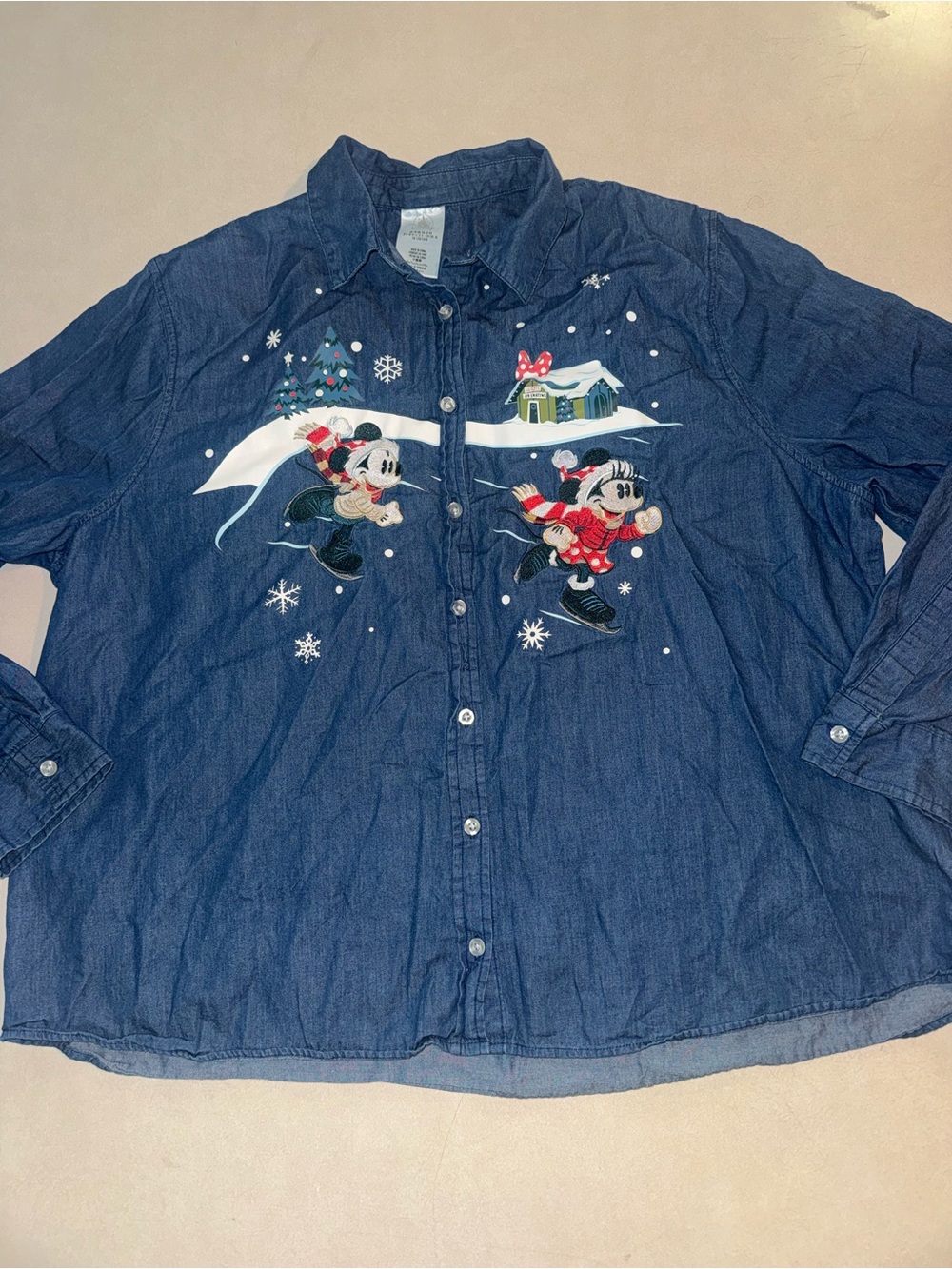 Disney Parks Christmas Shirt Womens 1X Denim Chambray Embroidered Mickey Mouse